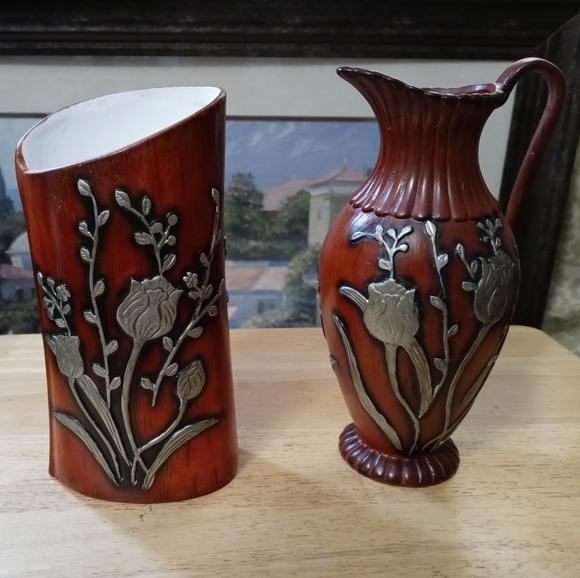 🏫2 VINTAGE FLORAL POTTERY VASE🏬🎋SIZE 8"×4"& 8.5"×4",ART NOUVEAU FLORAL DECOR. - Picture 12 of 12